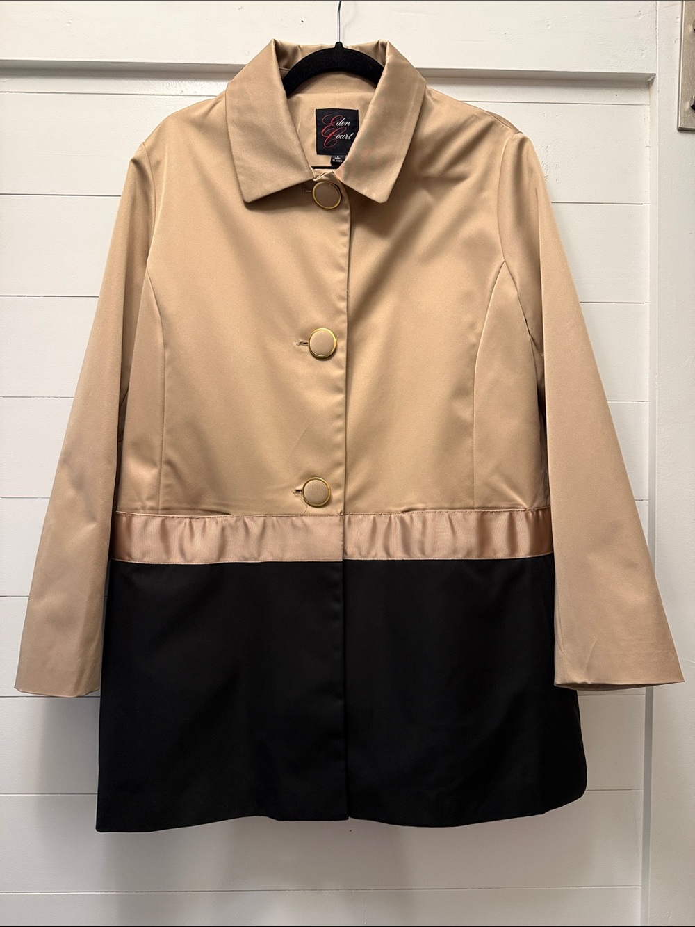 Eden Court Beige and Black Two-Tone Satin-Trim Trench Coat